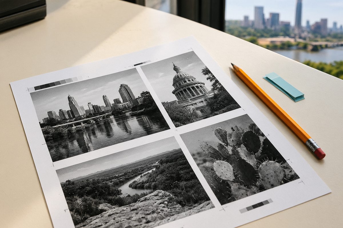 A high-contrast page proof with a pencil