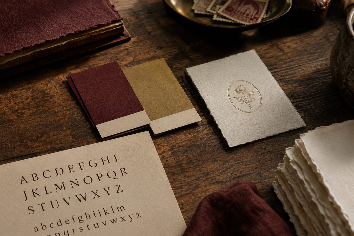 Colour swatches and a stamped identity study