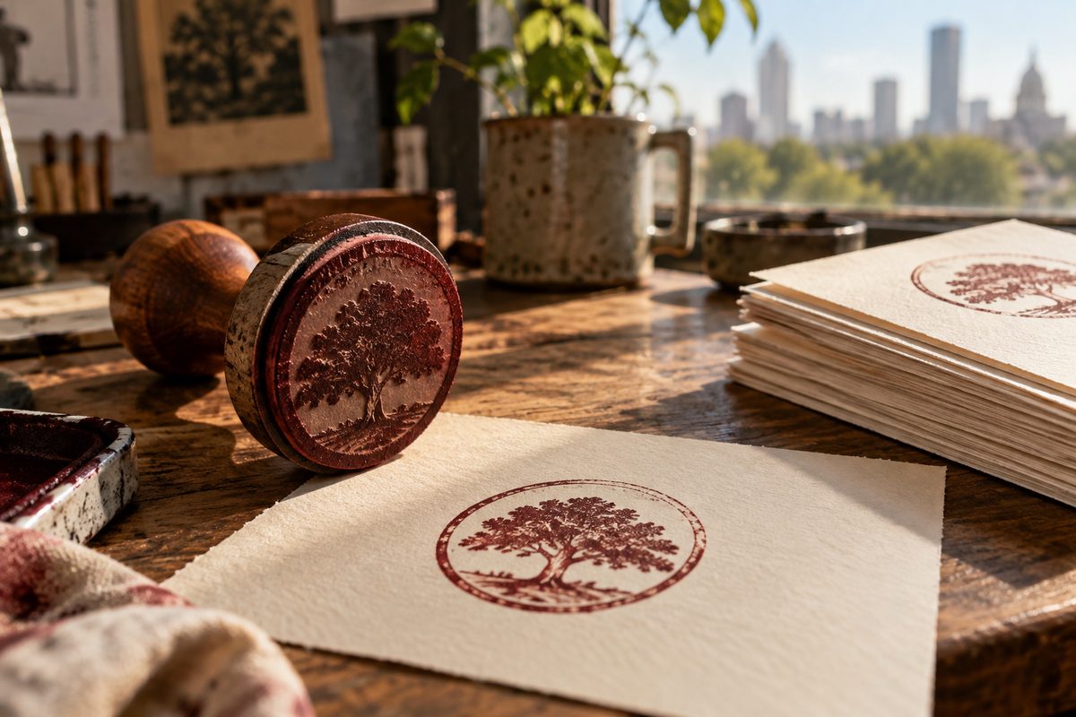 An oxblood stamp pressed into cream paper