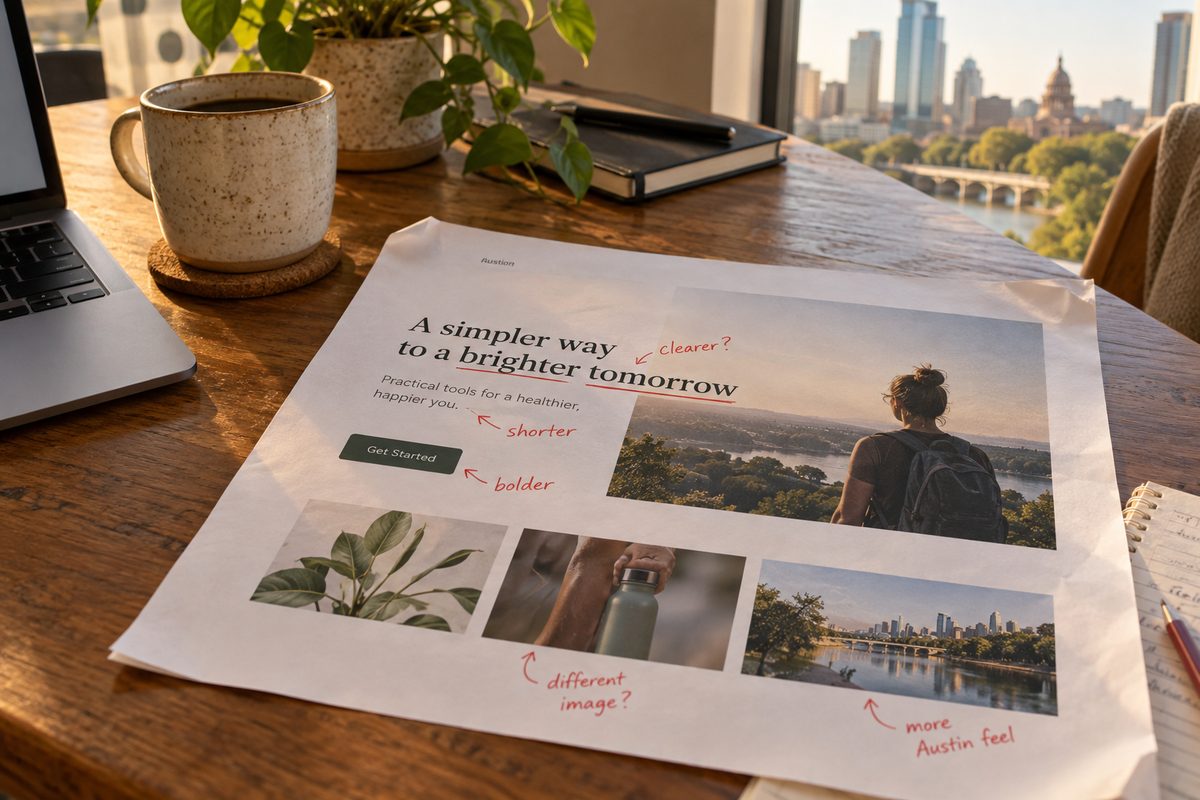 Red-pencil edits on a landing-page proof