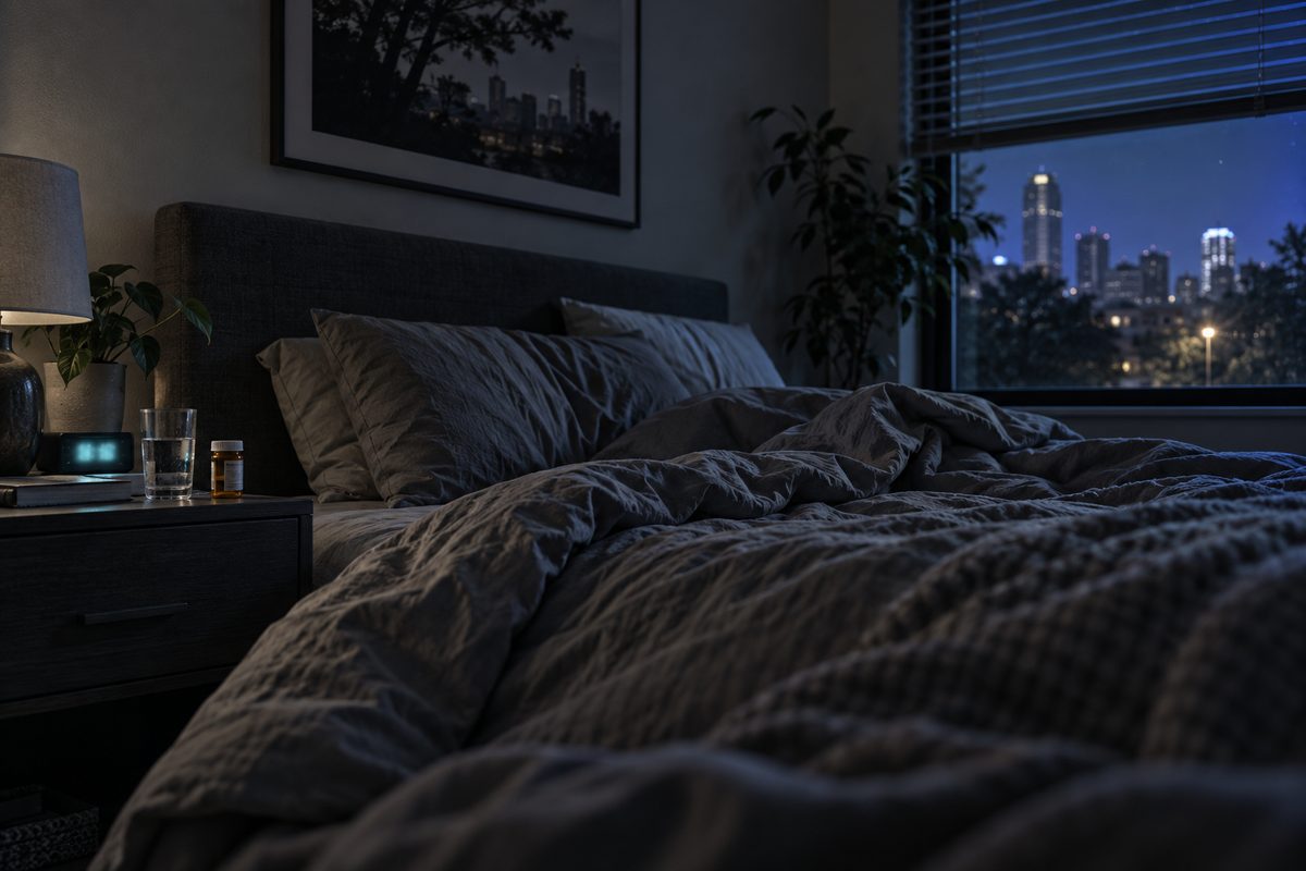 A dark bedroom at 3 a.m. with a glowing clock, a glass of water and a pharmacy bottle on the nightstand