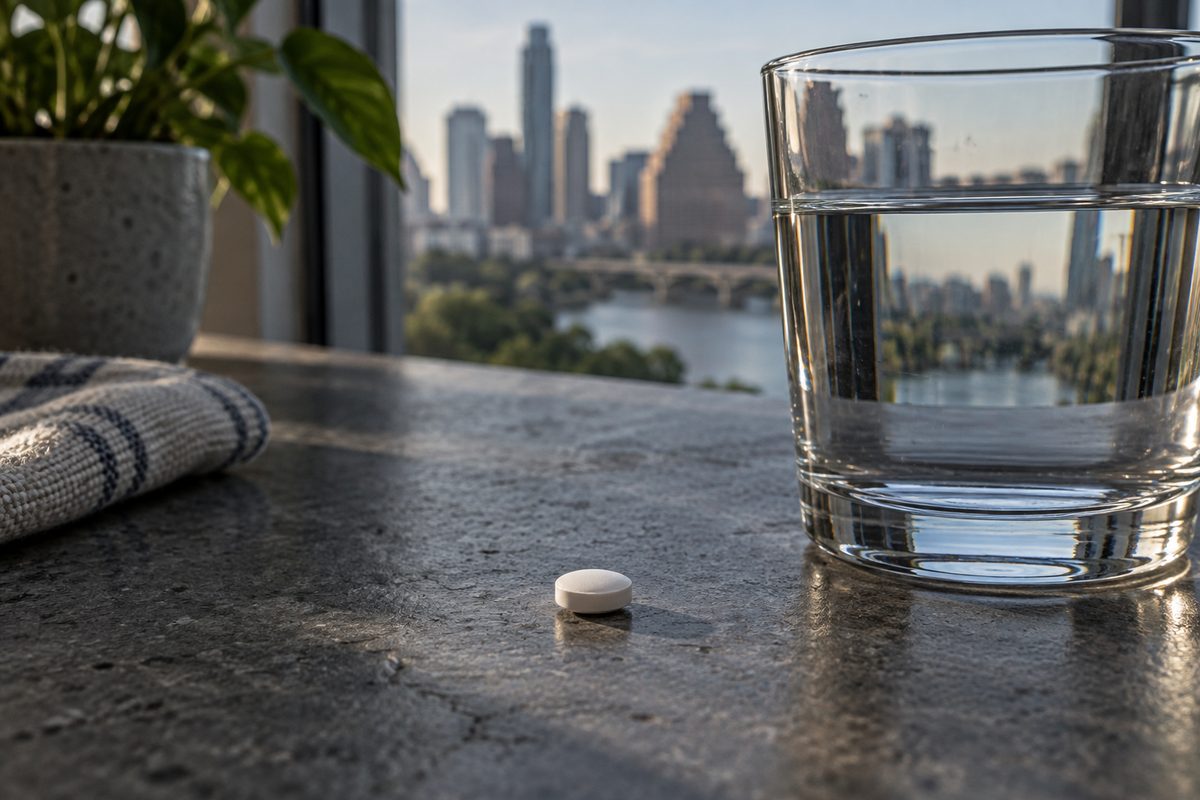 One white tablet beside a glass of water on a dark slate surface at night