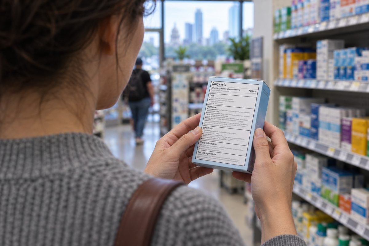 A person reading the drug facts panel on the back of an over-the-counter sleep aid box