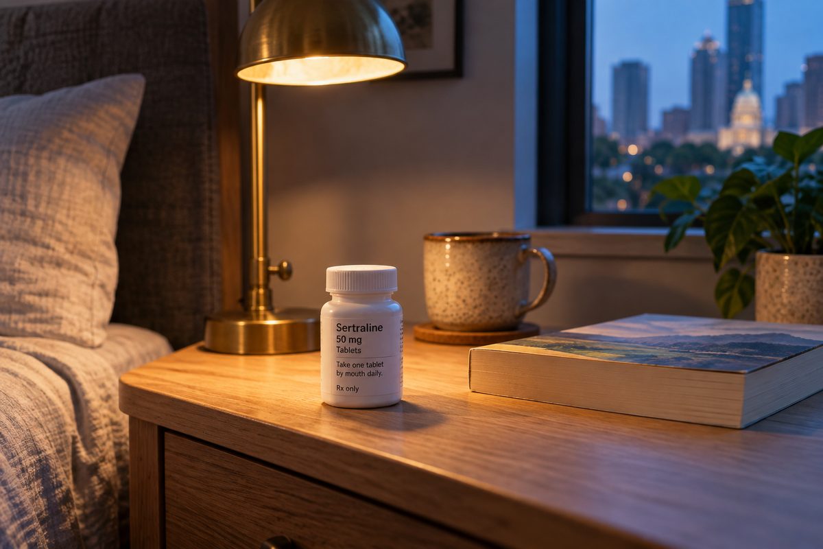 A small prescription bottle beside a dimmed bedside lamp and a closed book