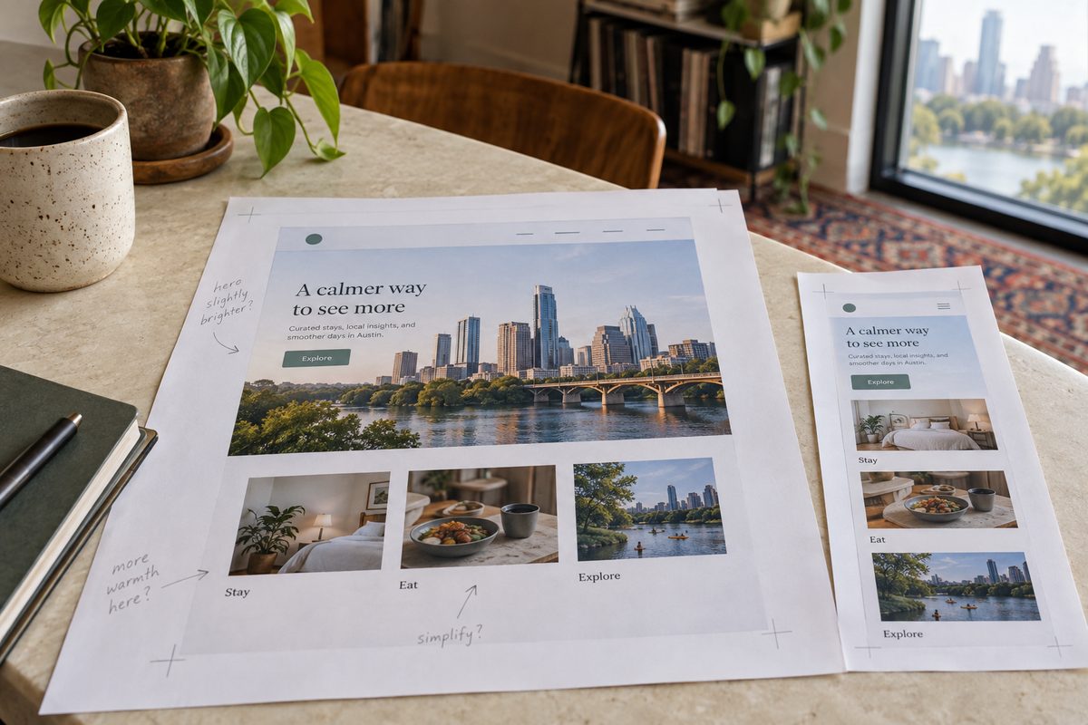 Desktop and phone proofs of a landing page