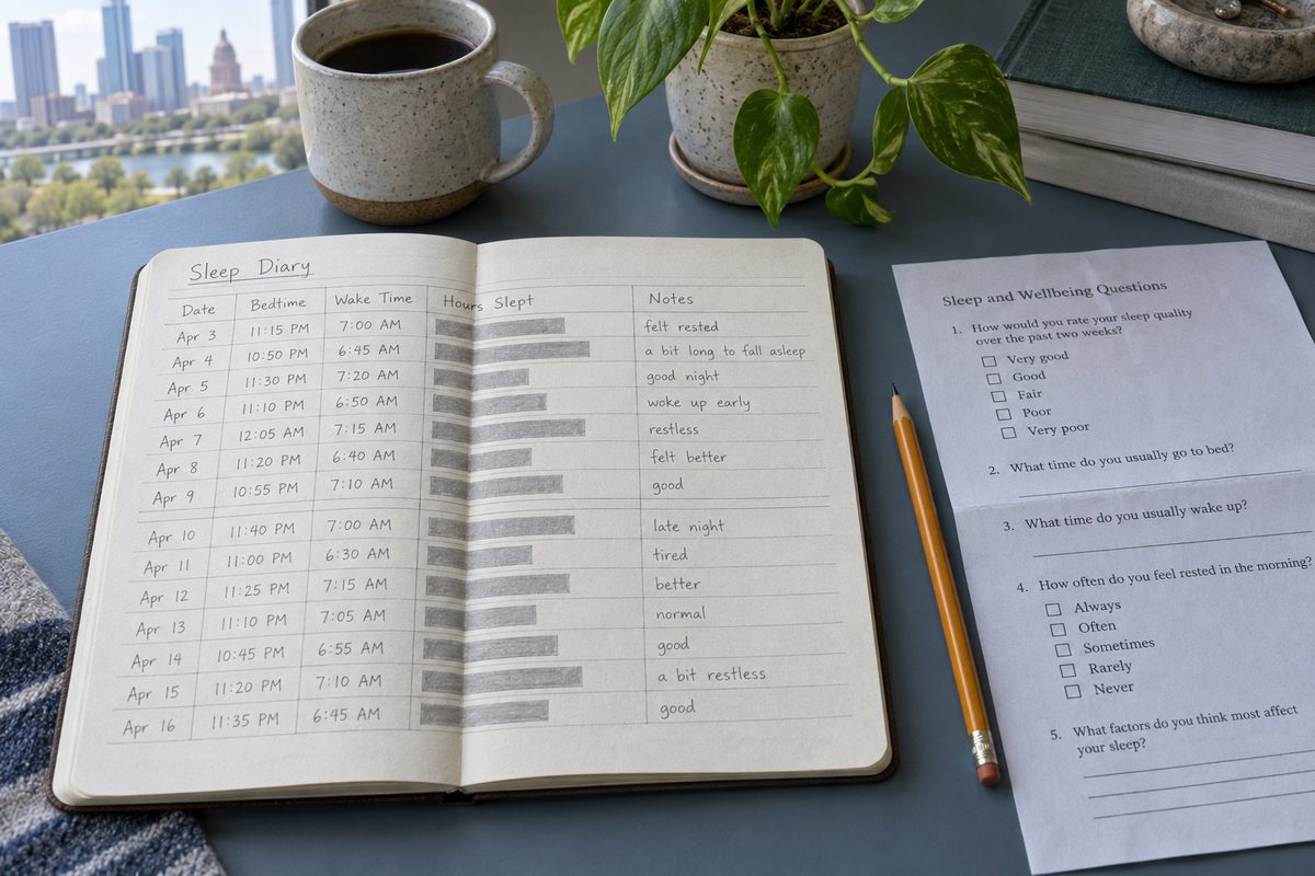 An open notebook with a hand-drawn two-week sleep diary grid and a pencil