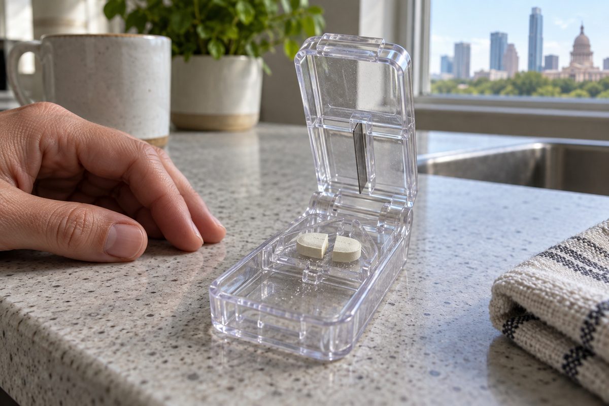 A scored tablet split in half inside a pill cutter on a kitchen counter