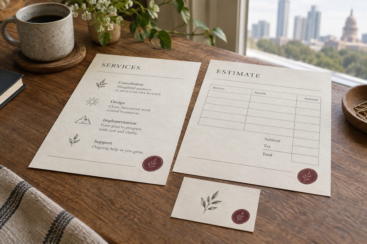 A service sheet and estimate template in a starter business pack