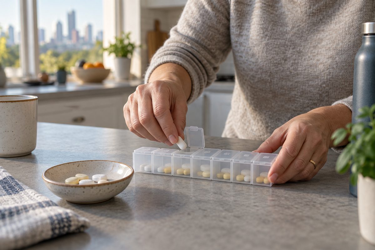 Hands filling a seven-day pill organizer on a kitchen table