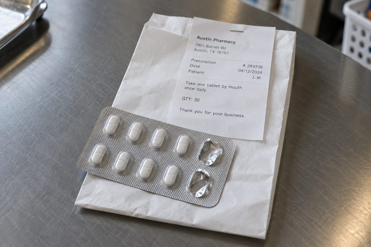 A partly used blister pack of sleep tablets on a white pharmacy bag